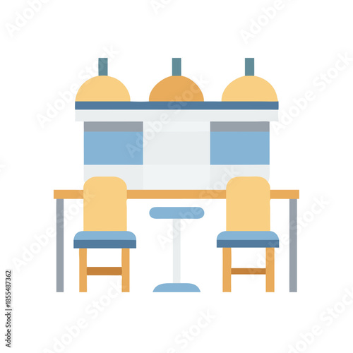 Flat illustration of desk with chairs and light fixtures