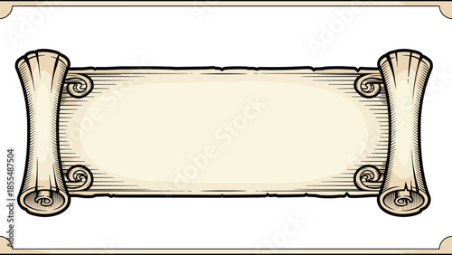 Vintage parchment scroll banner illustration, antique paper frame with rolled edges, classic retro document background, decorative old manuscript design