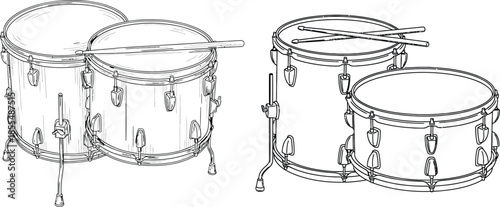 Line art illustration of drum kit with drumsticks, music band instrument drawing