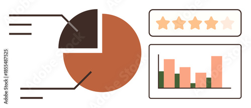 Pie chart with segments labeled, 4-star rating scale, and bar graph showing comparative analysis. Ideal for business analytics, performance measurement, feedback evaluation, decision-making