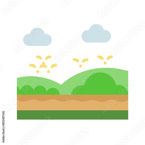 Flat design countryside landscape with clouds and abstract pollen