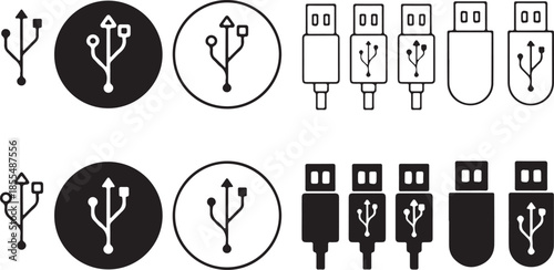 Variety of usb connector icons in black and white on