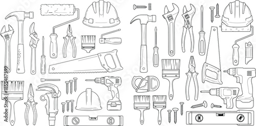 Line art pattern of various construction tools, drill, hammer, saw and protection equipment vector