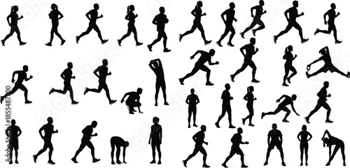 Man and woman runners, silhouette illustration, fitness, different poses, running, stretching, warming up