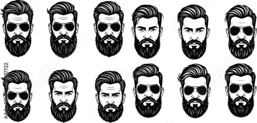 Man faces with beards, mustaches and sunglasses, various hairstyles, linear illustration