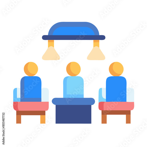 Flat illustration of a meeting table with three attendees