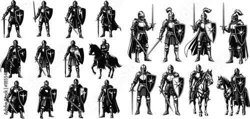 Medieval knight warriors set in full armor with swords and shields silhouettes