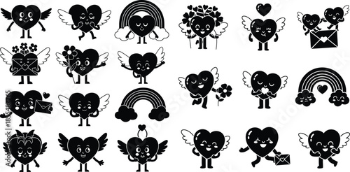 Monochrome heart character illustrations, vintage style, playful designs for diverse creative applications on love theme