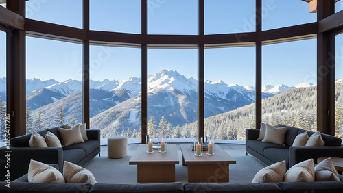 Cozy modern living room with large windows overlooking majestic snowy mountain range, Cozy Mountain Retreat Interior