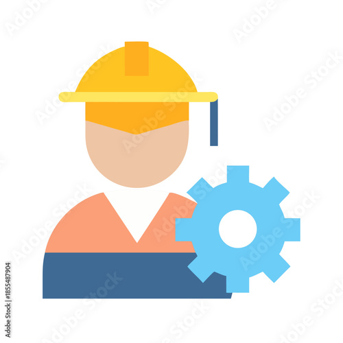 Construction worker flat icon with gear on black background