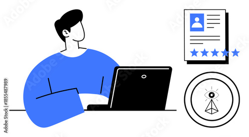 Person working on laptop next to profile document featuring user ratings and electronic verification icon. Ideal for identity verification, digital security, online authentication, resume building