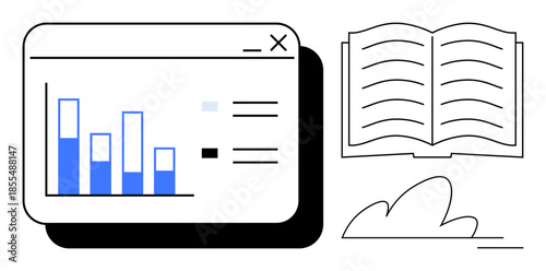 Data analysis, education, information technology, digital literacy, knowledge sharing, business analytics. Bar charts with open book. Data analysis and education concept