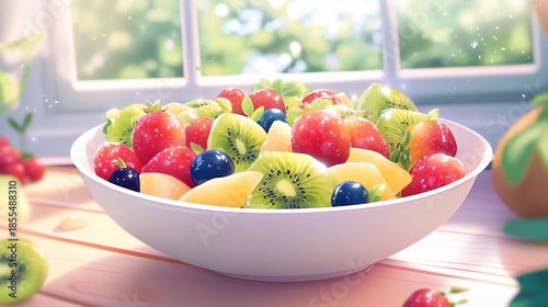 A Vibrant Bowl of Fresh Fruit Salad Bathed in Soft Sunlight