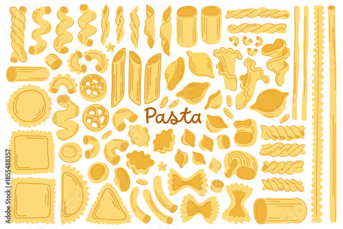 Сollection of illustrations of Italian pasta of different shapes. Dry macaroni, long pasta, spaghetti, ravioli, farfalle, shell and spiral pasta. Illustrations for menu, Italian cuisine restaurant.