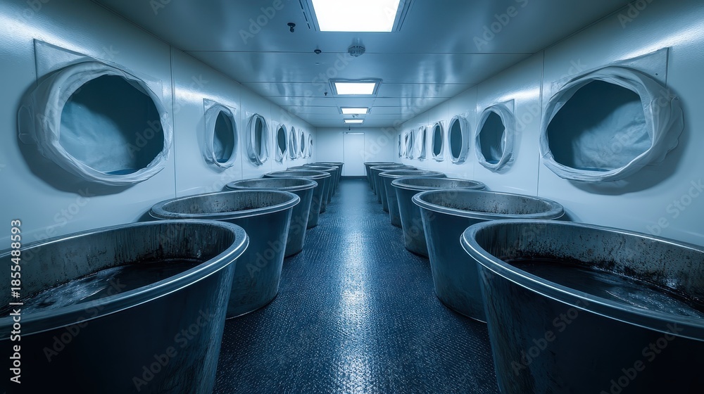 Obraz premium Rows of metal communal basins for washing in an interior space
