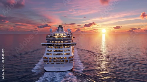 Cruise Ship Sailing on Ocean at Sunset Aerial View