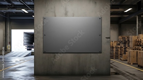 Spacious blank metal sign fixed to a concrete wall in a contemporary industrial warehouse loading bay