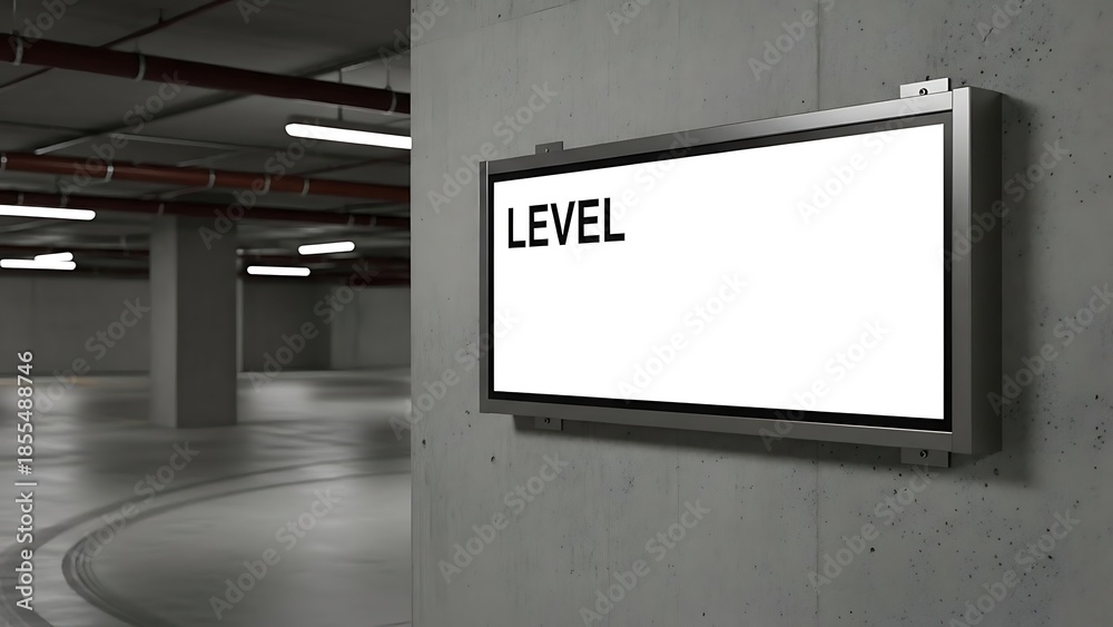 Fototapeta premium Illuminated digital advertising billboard displaying the word LEVEL in a modern concrete parking garage interior