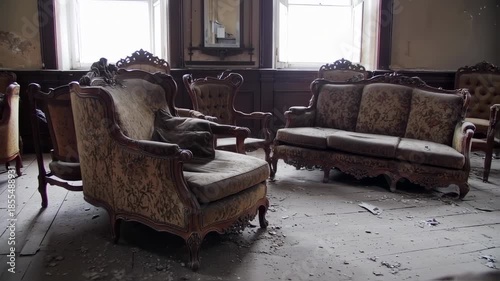 Forgotten Elegance: Ornate Furniture in Abandoned Room with Weathered Charm