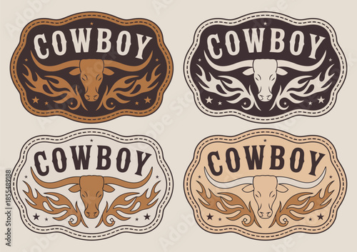Western style cowboy bull belt buckle vector set design, featuring detailed western motifs, rustic elements, cowgirl and cowboy aesthetics for apparel, accessories, and illustration