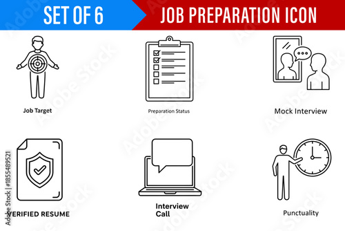 A set of six vector line icons for job preparation covering resume verification mock interviews and punctuality