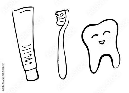 Cartoon set of tooth care elements. Hand-drawn toothpaste, toothbrush and happy tooth.