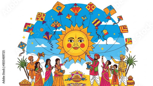 Vibrant indian festival celebration with people flying colorful kites under sunny blue sky with palm trees and traditional food