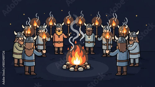 Viking warriors gathered around a campfire at night holding torches in a circle formation under starry sky