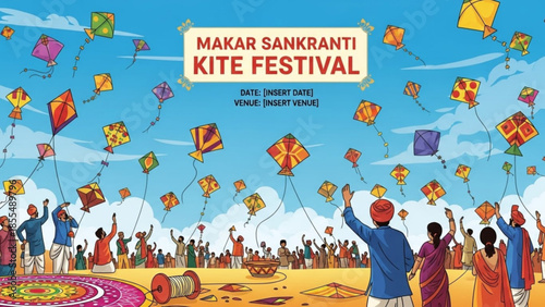 Makar sankranti kite festival celebration with people flying colorful kites in the sky on a sunny day