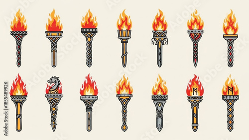 Collection of 12 unique torches with flames and intricate designs on beige background for decoration and symbolism