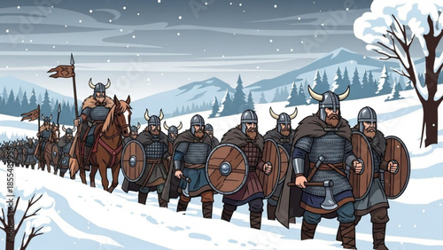 Viking warriors marching through snowy landscape with shields and helmets, winter scene with mountains and trees in background, medieval nordic soldiers