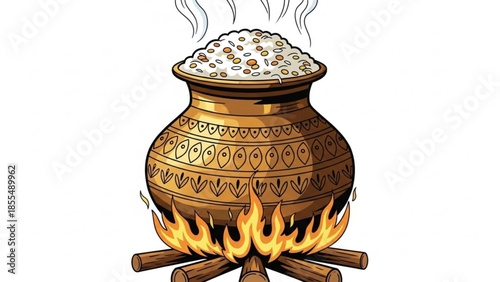 Traditional clay pot filled with steaming rice and pulses on a campfire outdoor cooking