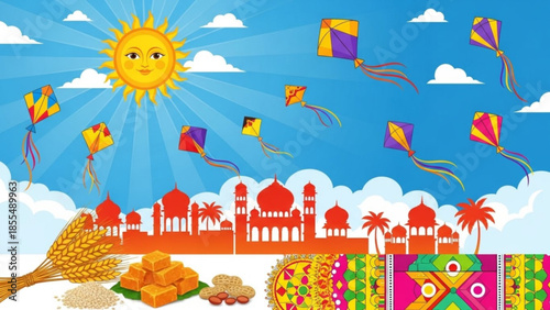 Vibrant kite flying festival scene with sun, clouds, and traditional indian sweets, wheat, and fabric patterns