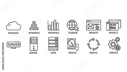 Modern webhostingandtechnologyiconsfordigitalservicesandwebsites