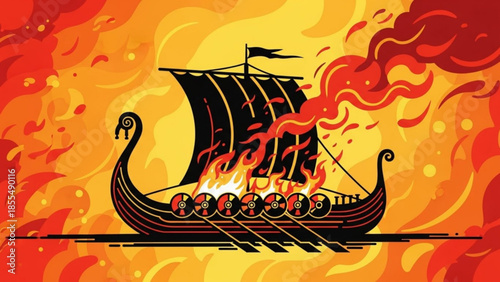 A dramatic illustration of a burning viking longboat with flames engulfing the hull and sails set against a vibrant fiery orange background