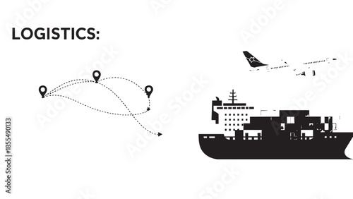 Modern logistics and transportation route illustration with cargo ship and airplane