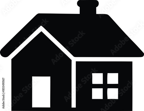 Simple black silhouette of a detached house with a chimney, symbolizing home and shelter