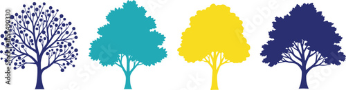 Stylized Tree Quartet in Blue, Teal, and Yellow – Artistic Botanical Illustration of Seasonal and Species Diversity