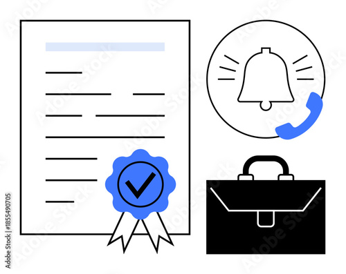 Business achievements, notifications, certifications, career growth, professionalism, and compliance. Certificate with ribbon, alert bell and briefcase icons. Business achievements and notifications
