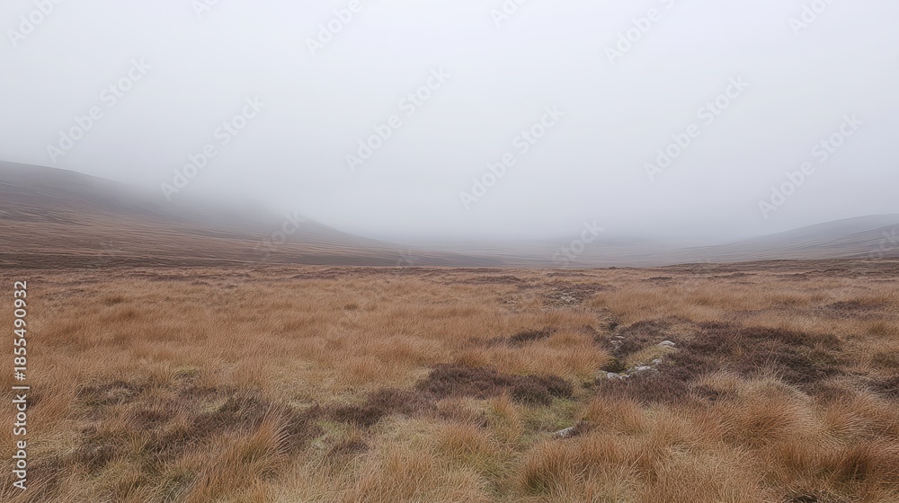 Fototapeta premium Thick heavy fog blanketing a desolate moorland obscuring the landscape