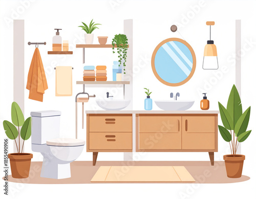 A modern and clean bathroom interior with double vanity, toilet, and potted plants.