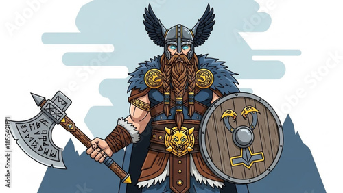 Viking warrior with braided beard and fur cape holds battle axe and shield with runes and gold accents standing strong
