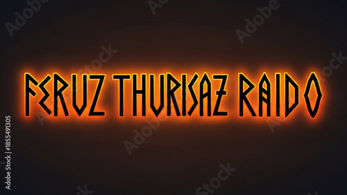 Feruz thurisaz raido symbol glowing orange runic text on black background with neon effect