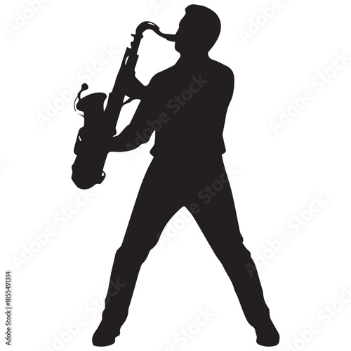 Silhouette of young man playing saxophone with passion
