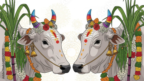 Decorated white cow heads with colorful horns, flowers, and bells on a white background, indian festival celebration