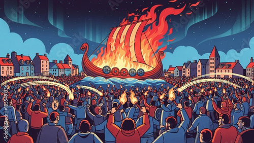Viking longboat burning on water amidst cheering crowd at night festival with torches and buildings in background, dramatic scene
