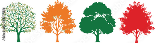 Stylized Tree Quartet in Green, Orange, and Red – Botanical Illustration of Seasonal Foliage Transitions