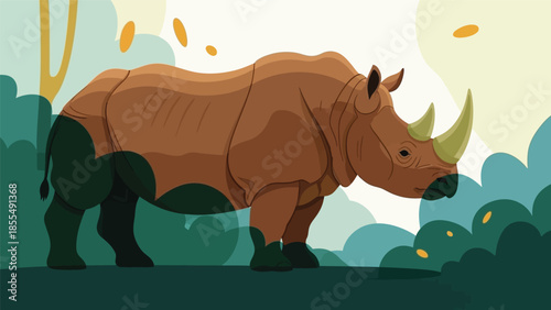 An illustrated brown rhinoceros standing in profile against a backdrop of green foliage and a pale sky with scattered leaves.