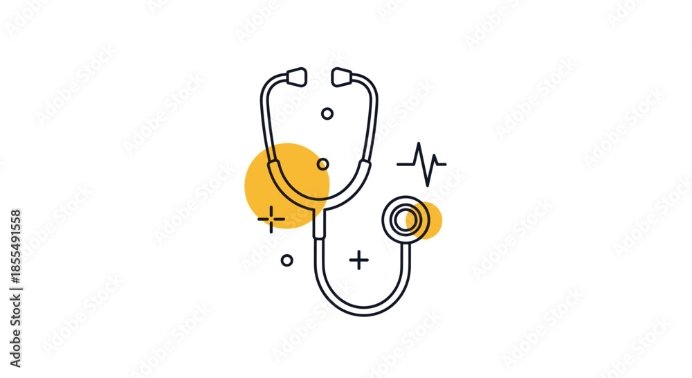 Obraz premium A minimalist line art icon of a medical stethoscope with a heartbeat line and abstract yellow shapes representing healthcare and diagnostics.