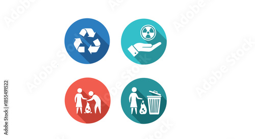 A set of four colorful circular flat design icons with long shadows related to recycling and waste management for environmental concepts.
